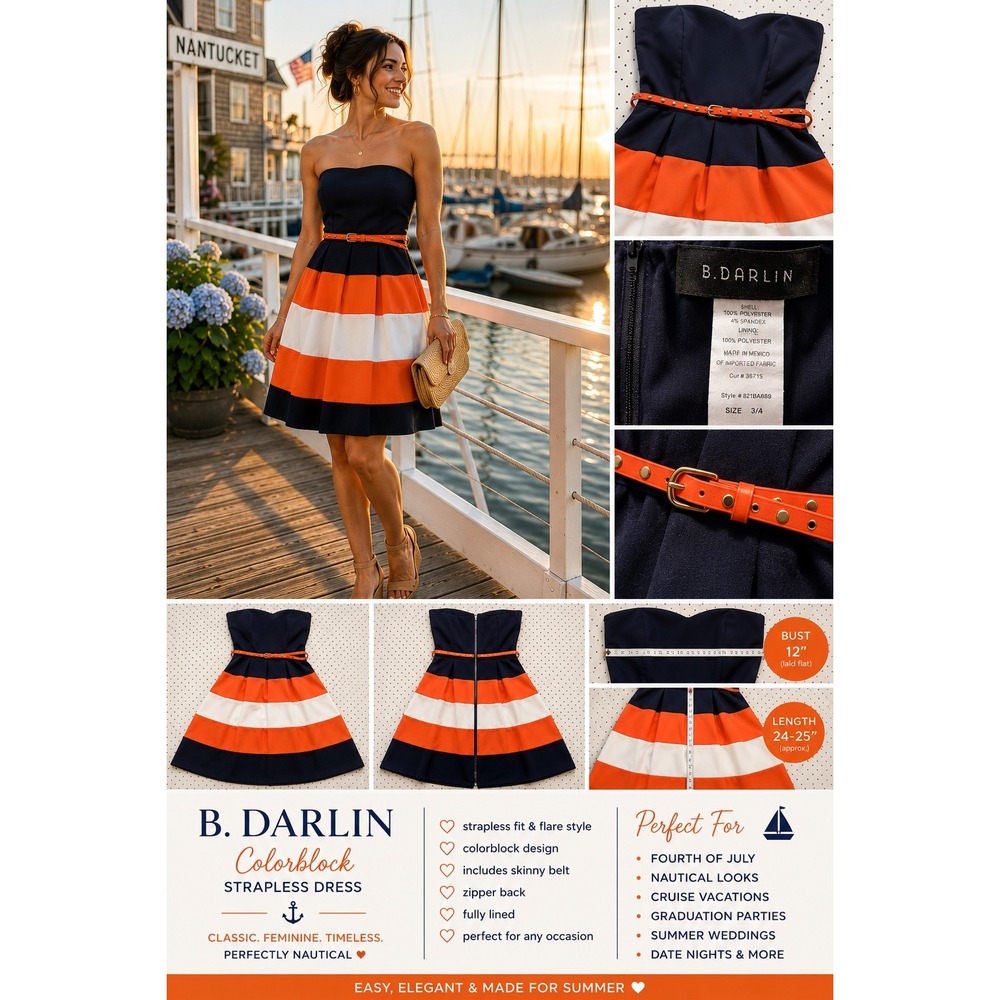 B. Darlin Strapless Colorblock Dress Navy Orange White Nautical Sz. 3/4 X81BA889
